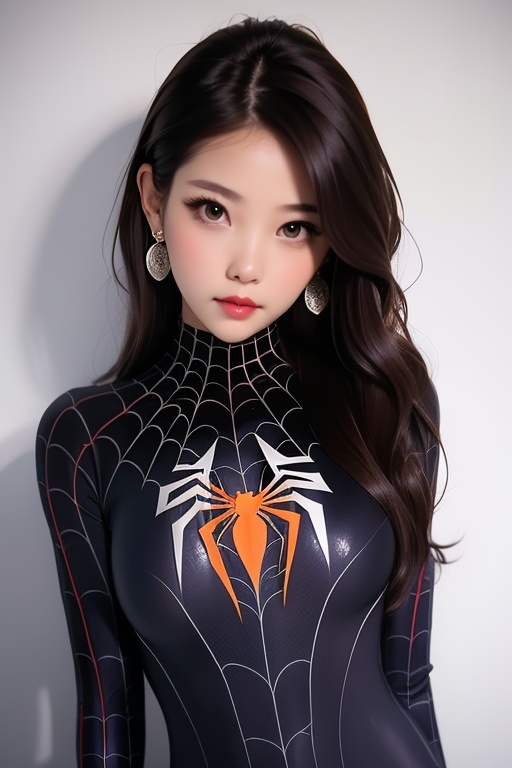 spiderman cosplay,1girl,long hair,looking at viewer,brown hair,brown eyes,earrings,bodysuit,spider web,head tilt,simple background,<lora:lbc_spiderman_ycc_240401_v1.0-000008:0.8>,