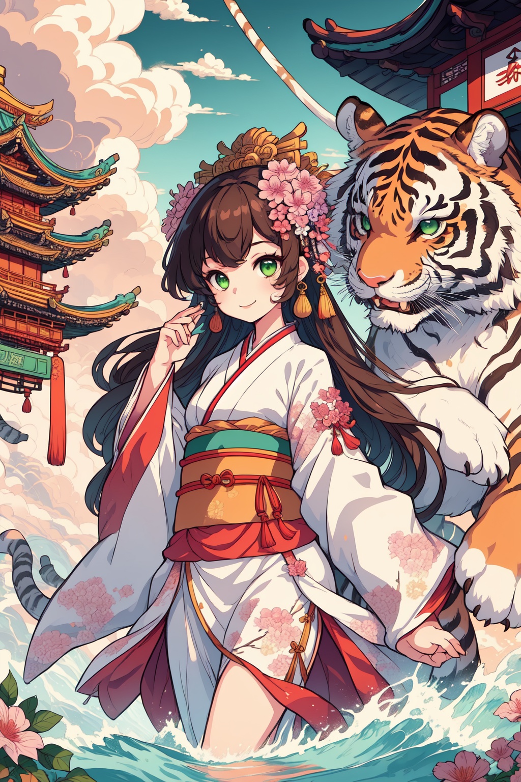 1girl, tiger, long hair, green eyes, flower, hair ornament, hair flower, brown hair, architecture, jewelry, east asian architecture, smile, animal, sky, cloud, earrings, water, sash, wide sleeves, pink flower, long sleeves, outdoors, solo, pagoda, very long hair, kimono, bangs, chinese clothes, day<lora:kim_画虎_v1:0.8>