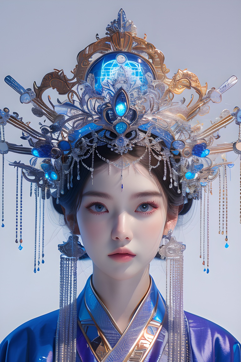 1beauty,colorful,neon lights,Cyberpunk beauty,artist name,bangs,blue eyes, closed mouth ,earrings ,eyelashes ,face, glowing ,gradient, gradient background ,hair ornament ,hair stick ,halo ,jewelry ,lips ,long hair, looking at viewer ,makeup ,mascara, portrait ,simple background ,solo, tassel ,upper body ,cyberpunk ,3d, neon light ,Bagua ,Tai Chi ,future technology, glow, glow effect ,high detail, best quality ,Tang Dynasty clothing ,hanfu , <lora:20240218-1708234260649:0.7>, <lora:lora_美女大胸写实:0.4>, <lora:meinv123:0.6>