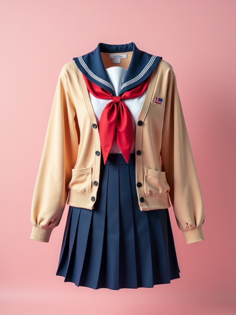 1girl arm at side arms at sides black sailor collar black skirt blouse blue sailor collar blue skirt brown cardigan buttons cardigan cowboy shot cropped torso film grain gradient gradient background grey background head out of frame jacket long sleeves marker \(medium\) miniskirt neckerchief open cardigan open clothes photo \(medium\) pink background pink cardigan pleated skirt red neckerchief red neckwear sailor collar school uniform serafuku shirt simple background skirt sleeves past fingers sleeves past wrists solo standing traditional media virtual youtuber white background white shirt 