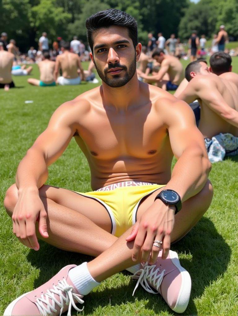 Harman Singha ,  Instagram Thirst trap photo. sitting on the grass in a public park in London. he's only wearing a pair of...