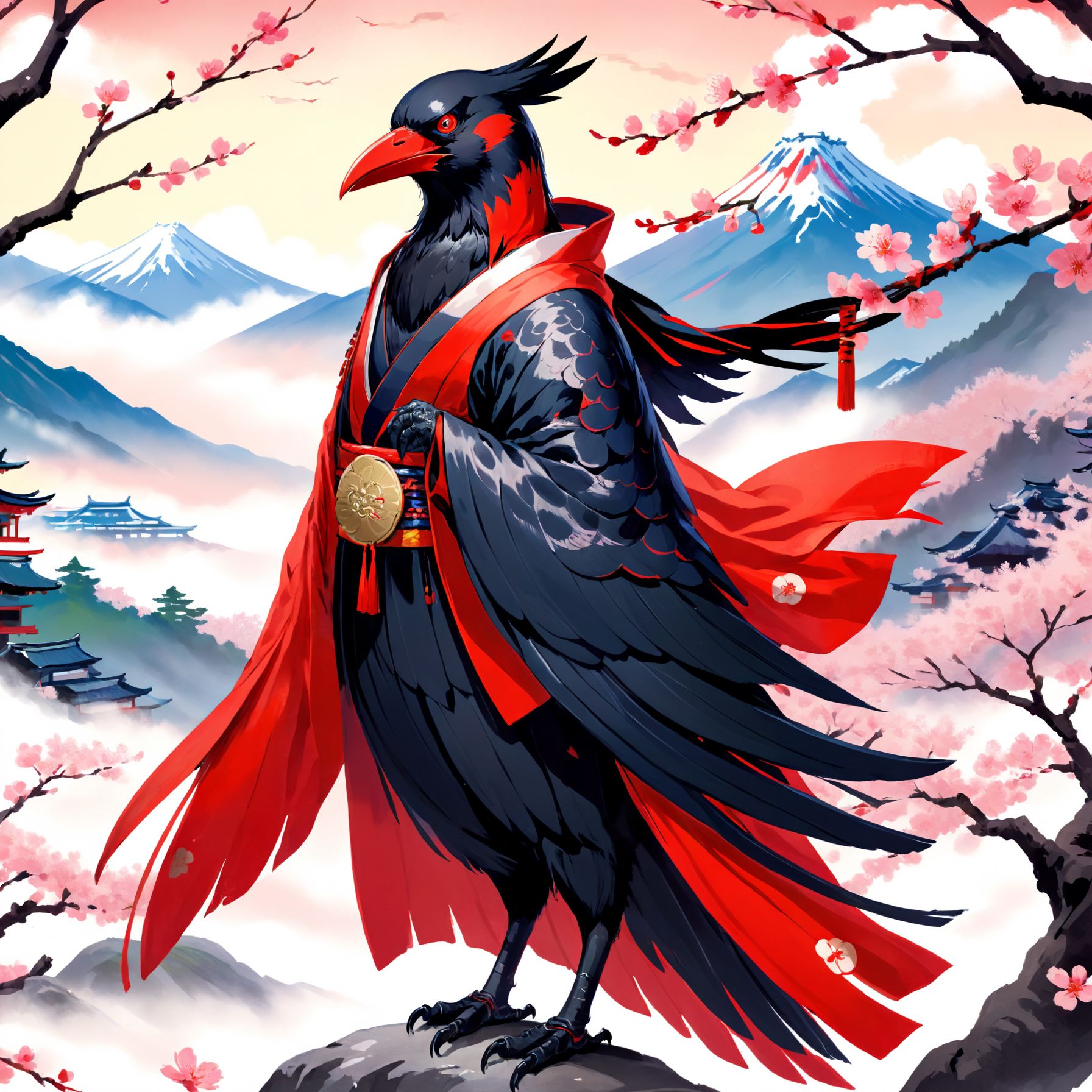 Illustration of a majestic crow with elongated legs,  wearing traditional Japanese tengu attire,  including a red mask and...