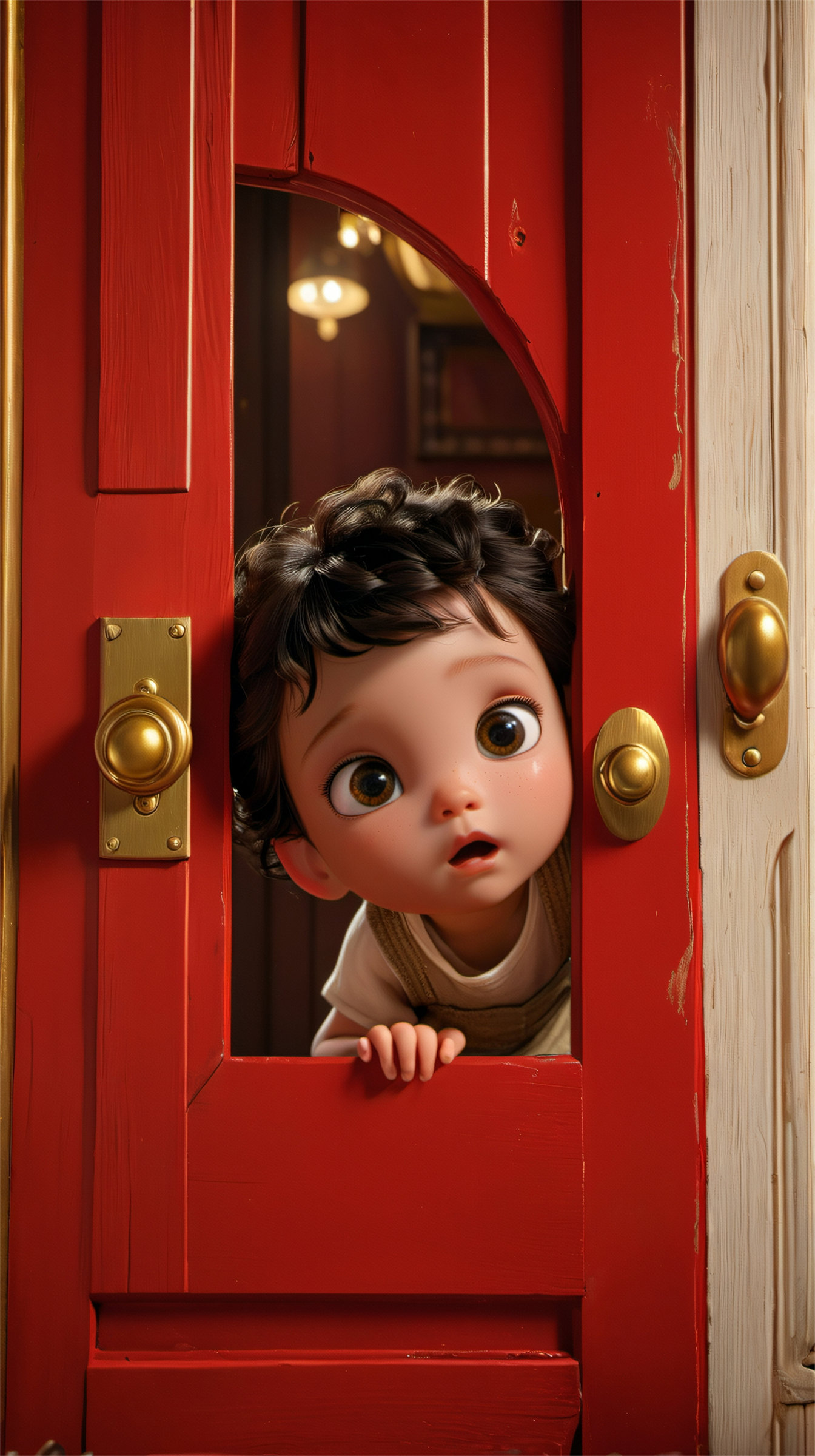 Dream style, peeking out, solo, black hair,A curious child with large, expressive eyes peeks out from behind a red door, with a golden knob on the door.highly detailed,ultra-high resolutions,32K UHD,best quality,masterpiece,<lora:Dream style:0.9>,