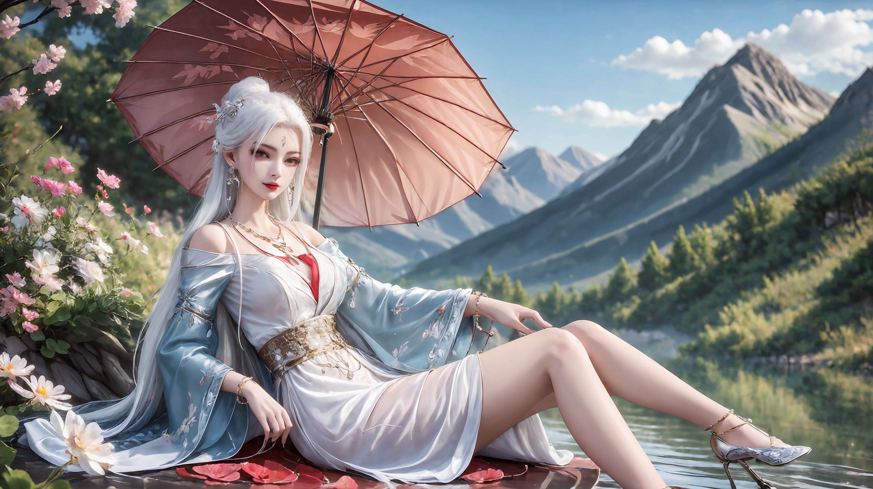 1girl,umbrella,solo,dress,white dress,holding umbrella,jewelry,long hair,holding,outdoors,chinese clothes,mountain,earrings,necklace,long sleeves,white hair,<lora:girl miaojiangxiaobai_20240912173536:0.7>,