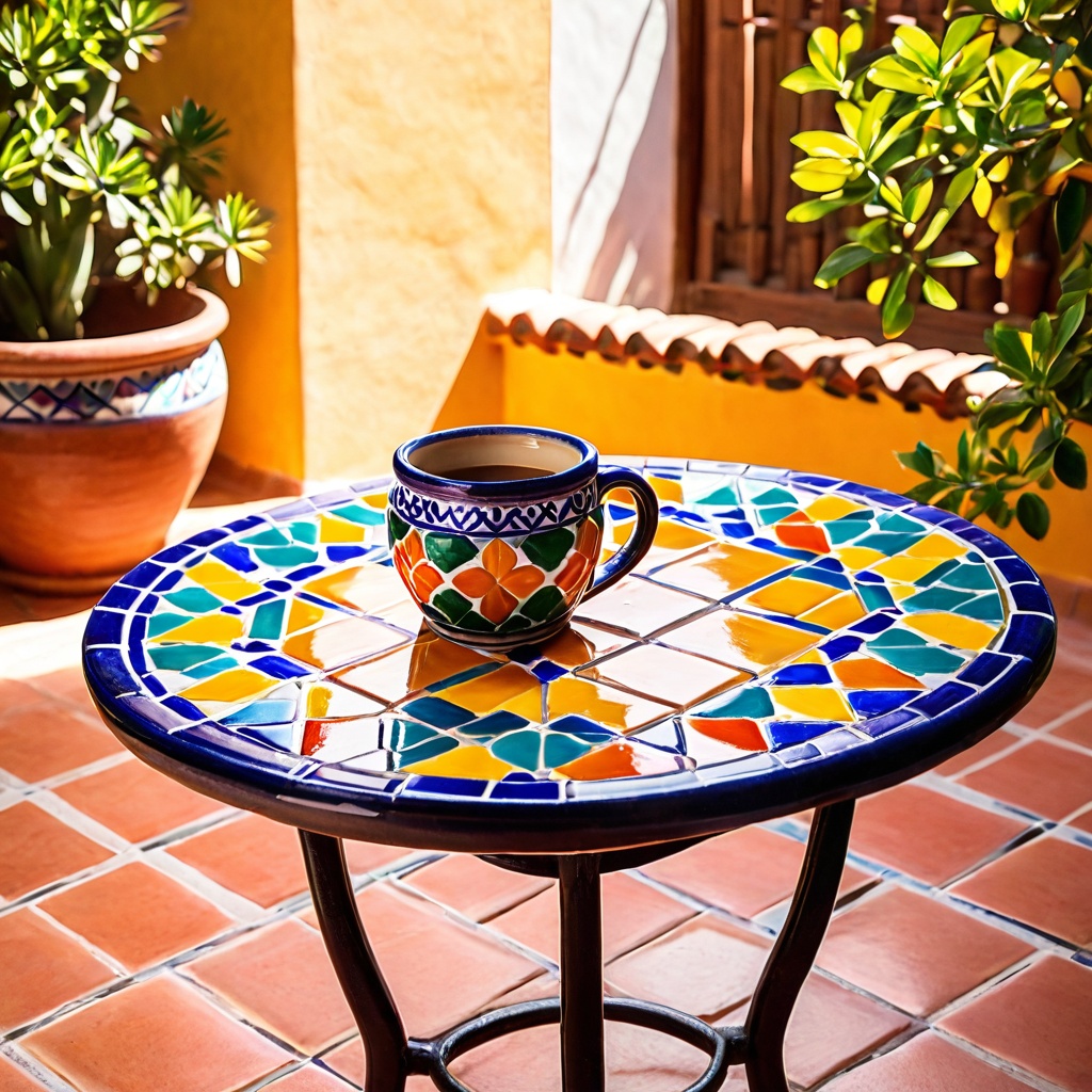 scenemexictiled,  a ceramic coffee mug,  colorful Mexican tiled courtyard table on Tensor.Art