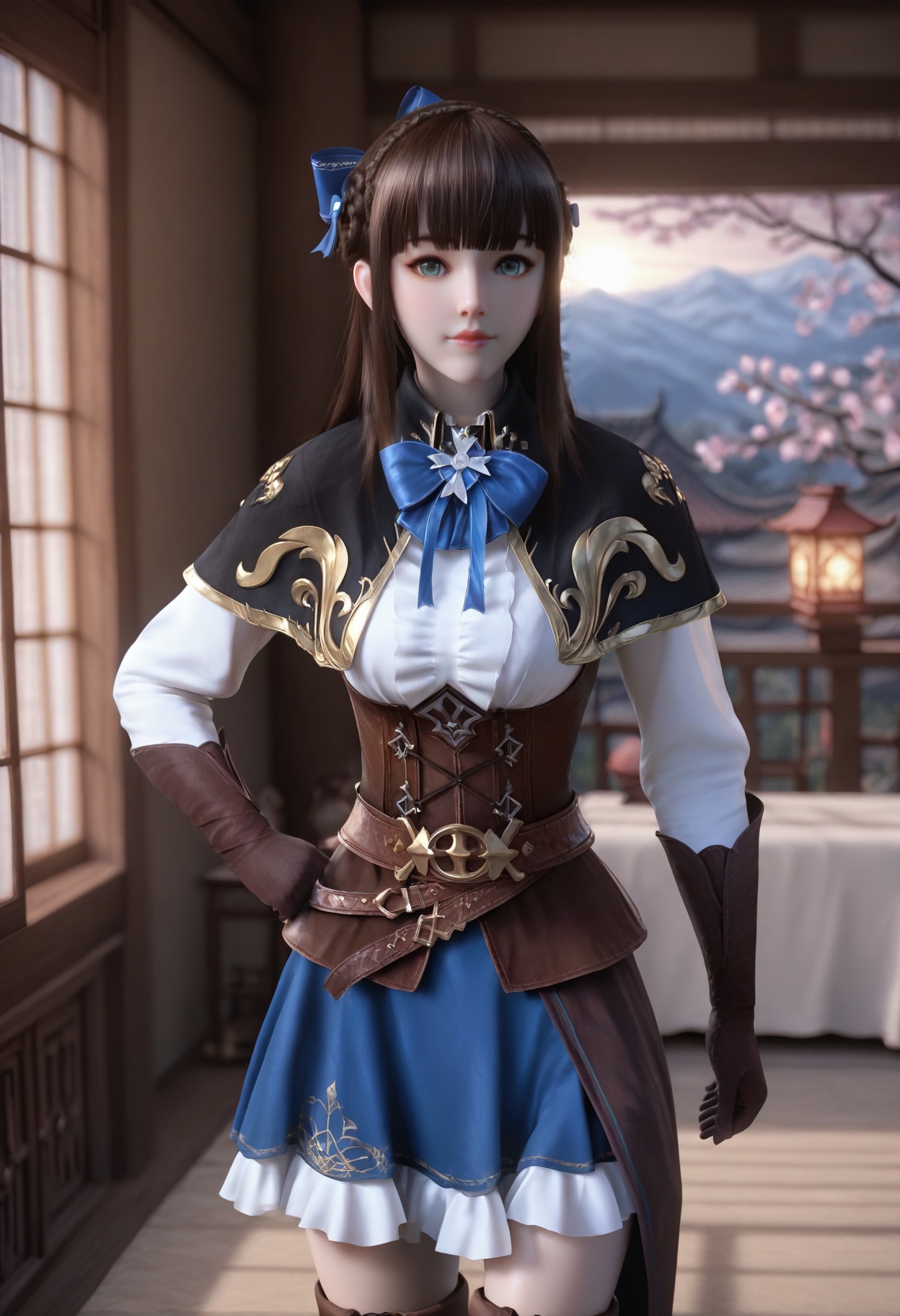 Rui_beika,1girl,blurry background,bangs,brown hair,blunt bangs,cowboy shot,braid,green eyes,crown braid,<lora:Rui_beika_10_illu-000014:0.75>,white shirt,brown elbow gloves,corset,blue bow,belt,blue ribbon,long sleeves,hair ribbon,hair bow,capelet,bowtie,thigh boots,brown footwear,blue skirt,cross-laced footwear,leather boots,photorealistic,hyperrealistic,<lora:realistic filter [IL]:1>,(pale skin:0.7),looking at viewer,standing,one hand on hip,lantern,open window,looking at viewer,indoors,mountains,blossoms,flowers,east asian architecture,beautiful sunrise,warm ambient temperature,