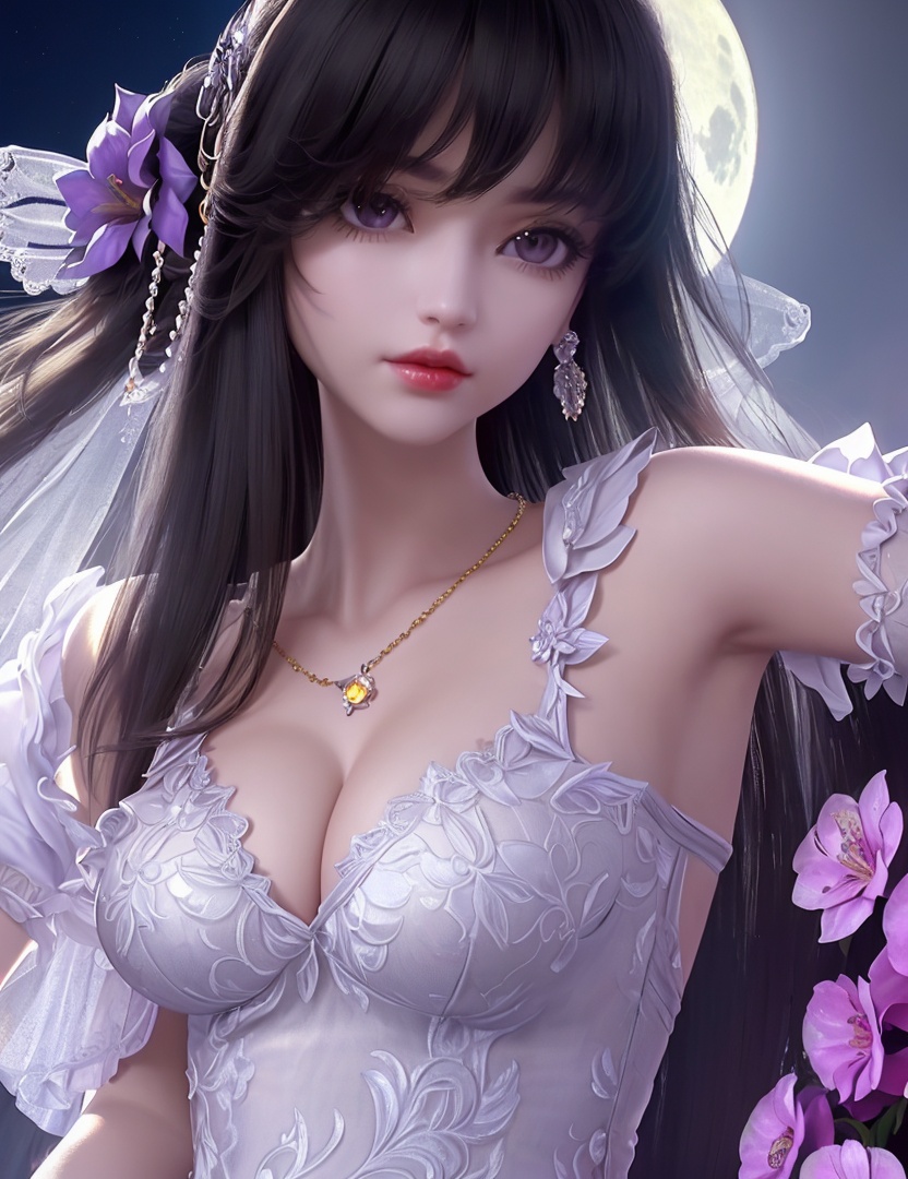 ultra realistic 8k cg, picture-perfect face, flawless, clean, masterpiece, professional artwork, famous artwork, cinematic lighting, cinematic bloom, perfect face, beautiful face, fantasy, dreamlike, unreal, science fiction,   lace, lace trim, lace-trimmed legwear,  (rich:1.4), prestige, luxury, jewelry, diamond, gold, pearl, gem, sapphire, ruby, emerald, intricate detail, delicate pattern, charming, alluring, seductive, erotic, enchanting, hair ornament, necklace, earrings, bracelet, armlet,halo((,1girl, pov,))(((1girl, jewelry, solo,, breasts, , looking_at_viewer,  outdoors,  full moon,  upper body,  purple flower, )))    <lora:DA_YueChanTeen:0.7>