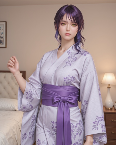 <lora:Shandy_V2.0:1>,shandy \(doax vv\),purple hair,yellow eyes,lips,cowboy shot,kimono,bedroom,