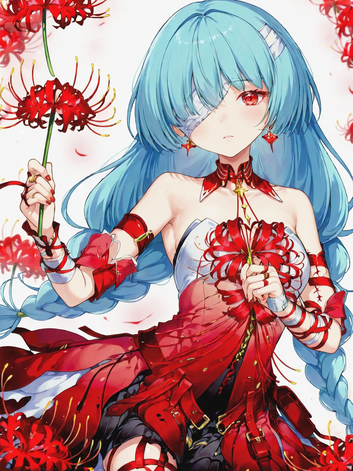 <lora:fll:1>,<lora:ClearHand-V2:1.5>,holding flower, solo, spider lily, braid, bandages, holding, bandage over one eye, twin braids, red nails, ribbon, red dress, dress, jewelry, bandaged arm, detached sleeves, red ribbon, eyepatch, belt, nail polish, one eye covered, looking at viewer, fll