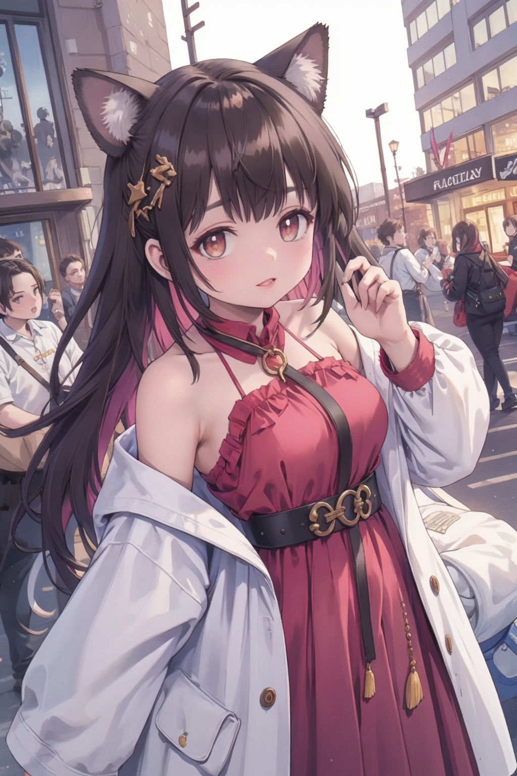 science fiction,cityscape,(Mechanical cat ear:1.2),1girl,baby face,round face,glowing_eye,light-pink eyes,bare shoulders,brown colored hair,very long hair,straight_hair,*****,coat,open clothes,off-shoulder_dress,black_bodystocking,lower_body,upper_body,mid_shot,