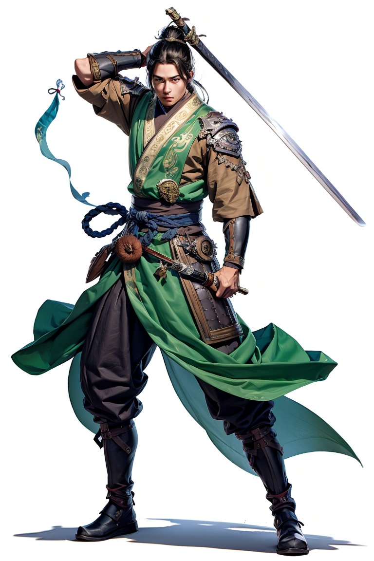 JYGL 1boy black hair full body hair ornament holding holding sword holding weapon katana long hair male focus ponytail simple background solo standing sword topknot weapon white background,<lora:金庸古龙20240110-1704831963137-0010:0.8>,