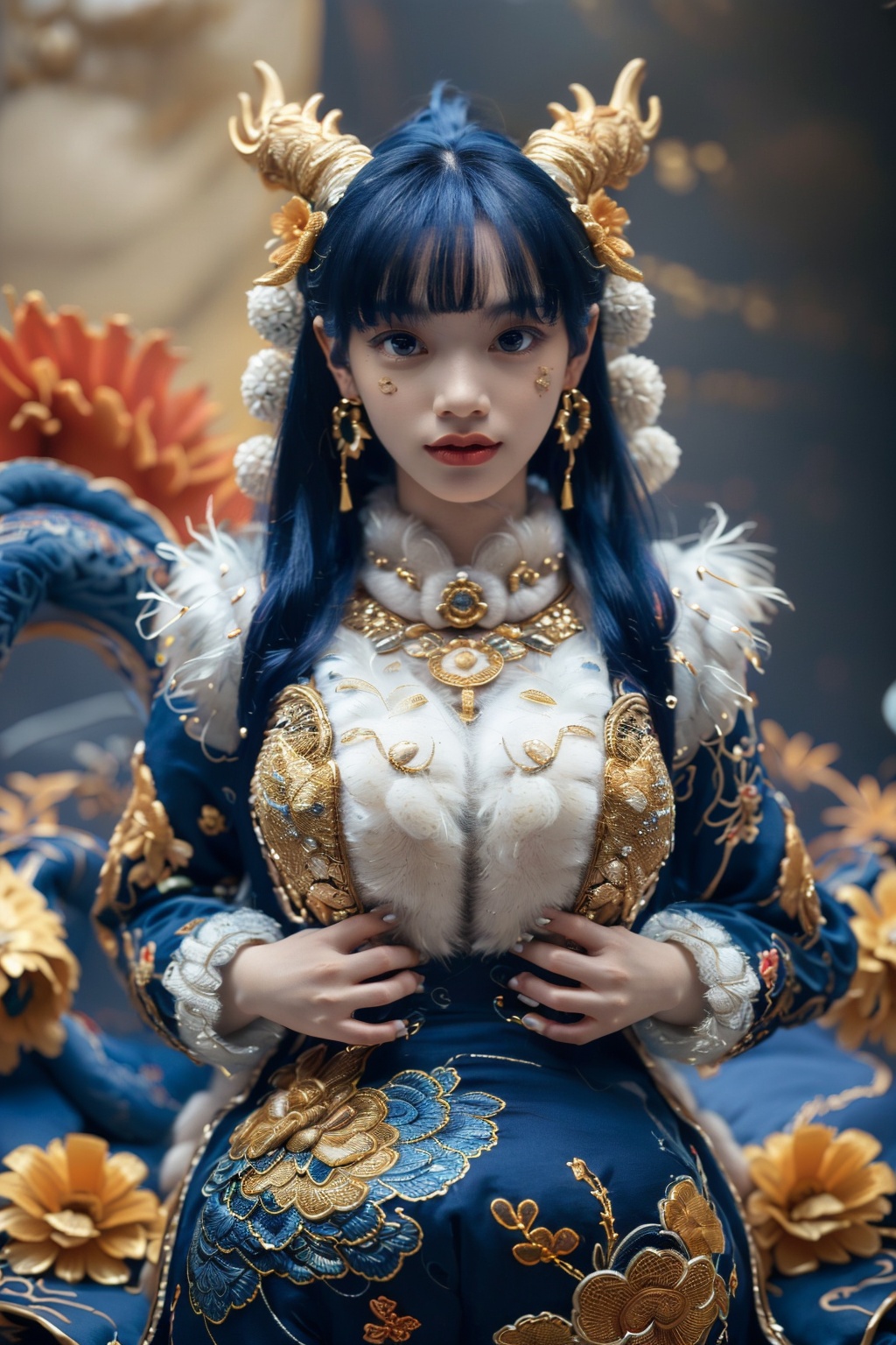 a blue and gold image of a Chinese Loong,realistic fine details,Chinese embroidery,:o,smile,a golden beard,holding hands in front of the chest,standing,full-size photograph,