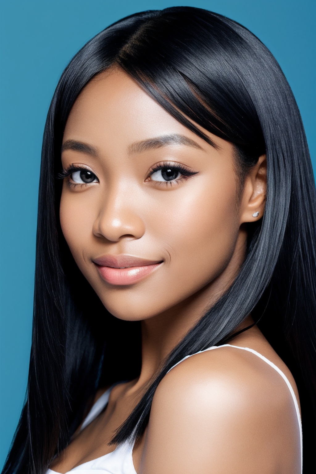 1girl,africans,30 years old,famale focus,ocean blue background,black hair,Long hair,face front,emotional face,make up,studio light,studio,close mouth,no teeth,profile,simple background, 