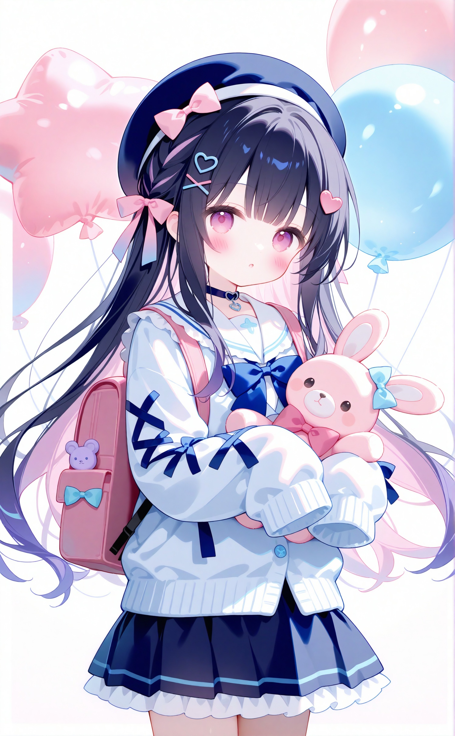 1girl,stuffed toy,stuffed animal,skirt,bow,solo,pink bow,hair bow,long hair,hair ornament,looking at viewer,sailor collar,teddy bear,blush,black hair,hat,bowtie,pleated skirt,hairclip,long sleeves,multicolored hair,black skirt,holding stuffed toy,white sailor collar,blue bow,school uniform,holding,pink bowtie,blunt bangs,purple eyes,sleeves past wrists,pink hair,parted lips,shirt,cowboy shot,pink eyes,blue skirt,colored inner hair,white sweater,cardigan,beret,:o,white cardigan,white shirt,serafuku,choker,sweater,pastel colors,phone,border,multiple hair bows,black headwear,sidelocks,floating hair,stuffed rabbit,bear,cellphone,purple hair,two-tone hair,miniskirt,backpack,ribbon,sleeves past fingers,bag,closed mouth,star (symbol),x hair ornament,blue bowtie,braid,open mouth,standing,smartphone,blue headwear,white background,lollipop,candy,food,very long hair,frills,heart,hair ribbon,blue shirt,light blush,frilled skirt,heart hair ornament,cross-laced sleeves,pink ribbon,white border,hairpin,balloon,hugging object,star hair ornament,simple background,purple bow,