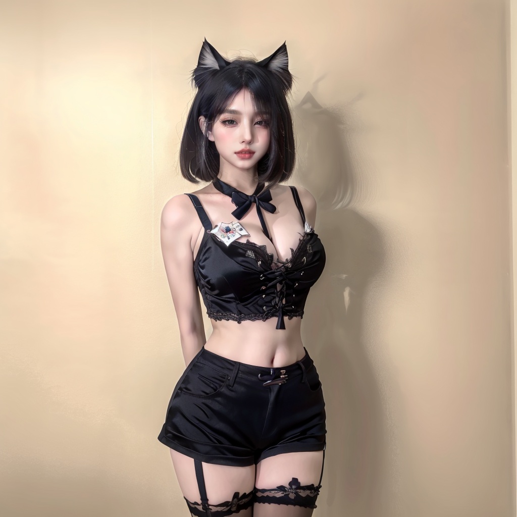 1girl,black_hair,large breasts,cleavage,navel,long legs,animal_ears,cat_ears,shorts,black legwear,standing,looking at viewer,arms behind back,<lora:御姐:0.8>,