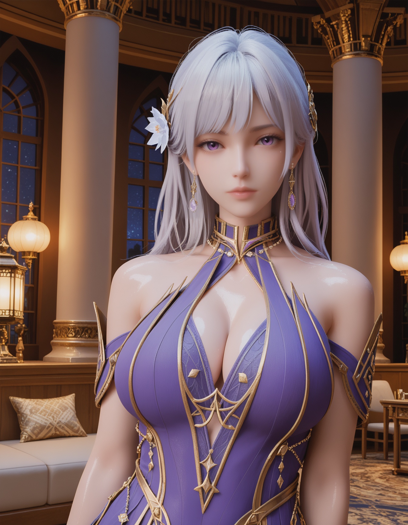 (professional 3d model (score_9:1.2)),(score_8_up),score_7_up,<lora:神印王座_圣采儿九阶_重置3_pony:0.8>,1girl,solo,white hair,purple eyes,long hair,earrings,jewelry,This is a highly detailed CGI image of a young woman with long,silver hair adorned with a white flower. She has fair skin and a delicate,serene expression. She is dressed in an elaborate,(purple and gold:1.2),ornate outfit with intricate patterns and a high collar. The background features grand,architectural structures with columns and gold accents,suggesting a fantasy setting. The lighting is soft and ethereal,enhancing the otherworldly atmosphere.,((shiny_skin:1.3)),looking at viewer,cinematic lighting,volumetric lighting,solo focus,huge breasts,(looking_at_viewer:1.2),indoors,big breasts,bare shoulders,looking at viewer,breasts,looking at viewer,moon,flower,lantern/lamp,(colorful:1.2),bare_legs,formal_dress,canonicals,portrait,