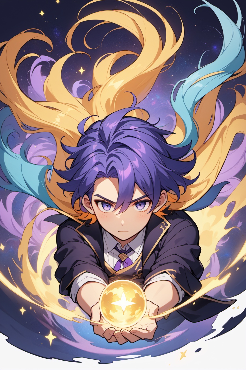 male focus,messy floating hair,colored inner hair,magic,, masterpiece,best quality,very aesthetic,absurdres,