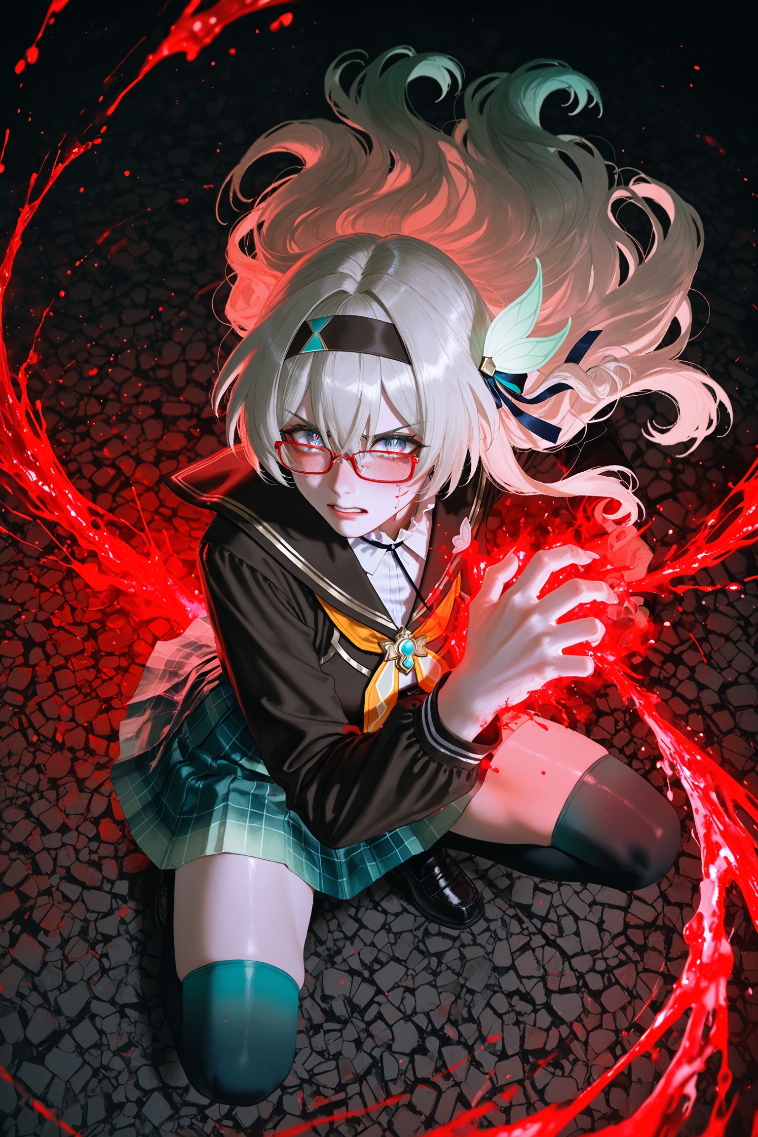 artist:nyantcha:0.5,artist:quasarcake:0.6,looking at viewer,embarrassed,blush,parted lips,honkai_(series),firefly (honkai: star rail),1girl,school_uniform,white_shirt,plaid_skirt,glasses,serafuku,black thigh-high socks,blood magic,squatting,red-framed eyewear,black serafuku,fighting stance,blood magic,swirls,claws,emitting sparks,from above,