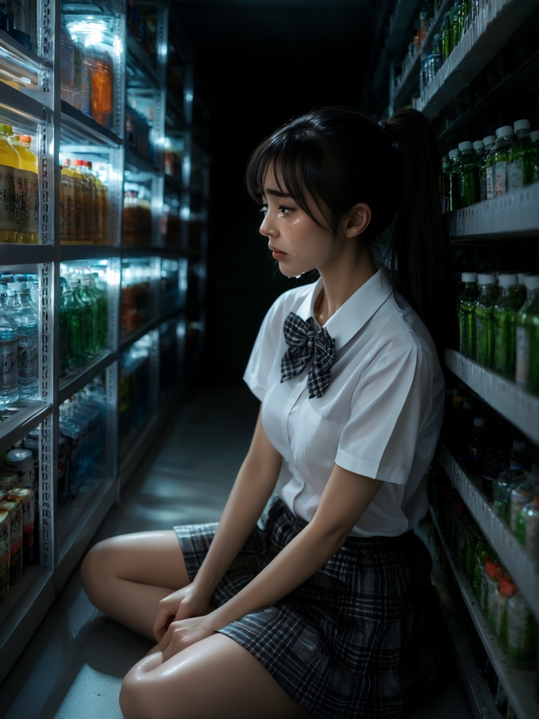 A realistic,  medium shot depicts a slim young woman with long black hair tied in a ponytail and styled with bangs,  weari...
