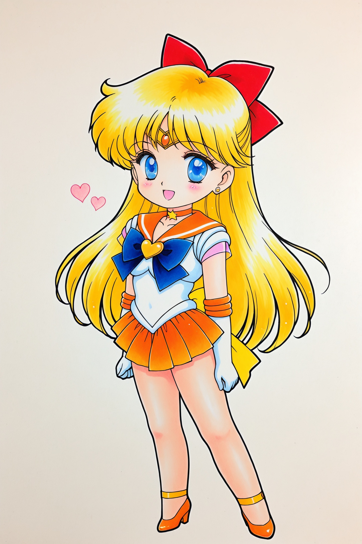 Juu Kuroinu Style,aino minako,sailor venus,1girl,sailor senshi uniform,long hair,heart,magical girl,blue eyes,bow,solo,blonde hair,skirt,orange sailor collar,orange skirt,gloves,white gloves,jewelry,orange choker,red bow,heart brooch,brooch,sailor collar,hair bow,back bow,elbow gloves,choker,traditional media,orange footwear,strappy heels,earrings,open mouth,tiara,smile,pleated skirt,white background,star \(symbol\),star choker,looking at viewer,chibi,<lora:black dog chibi_illustriousXL:1>,