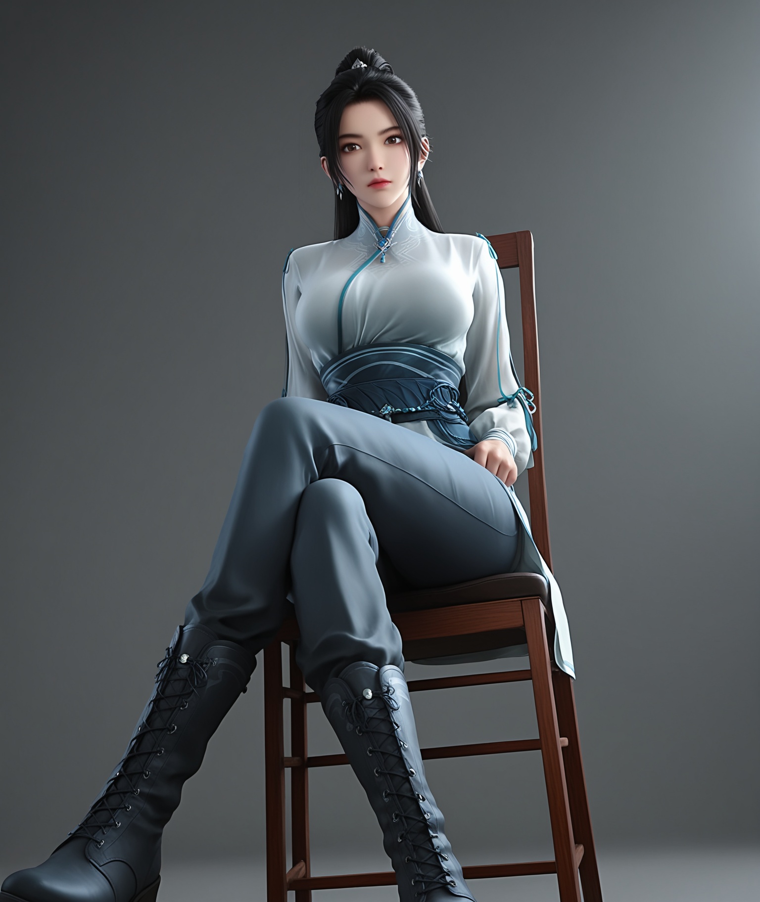 (score_9),masterpiece,best quality,absurdres,highres,BREAKwhite_skin,(fair_skin:1.1),<lora:宁姚-ill:0.85>,ningyao,1girl,solo,long hair,black hair,ponytail,jewelry,earrings,brown eyes,light blush,chinese clothes,sash,boots,lace-up boots,pants, collarbone,(large breasts),puffy chest,looking at viewer,sitting,crossed legs,pov,from below,chair,BREAKsimple background,Tyndall effect,Cinematic Lighting,Volumetric Lighting,