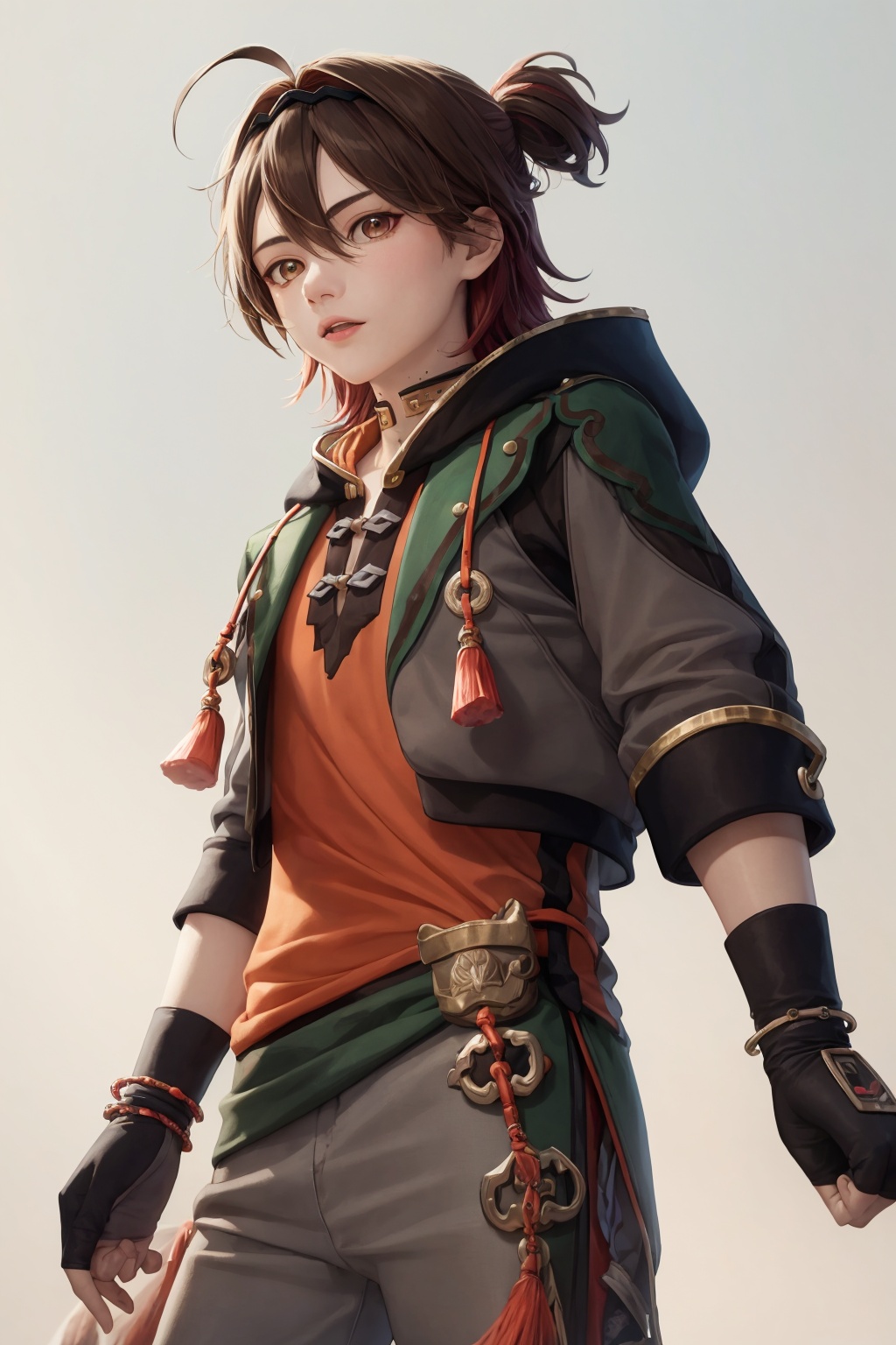 masterpiece, best quality,  <lora:gaming:1>,1boy, male focus, ahoge,multicolored hair,  brown hair, short hair, hairband, brown eyes, choker,  jewelry, hood, hood down, red shirt,black  jacket, short sleeves,grey pants,tassel,fingerless gloves, cowboy shot, grey background,