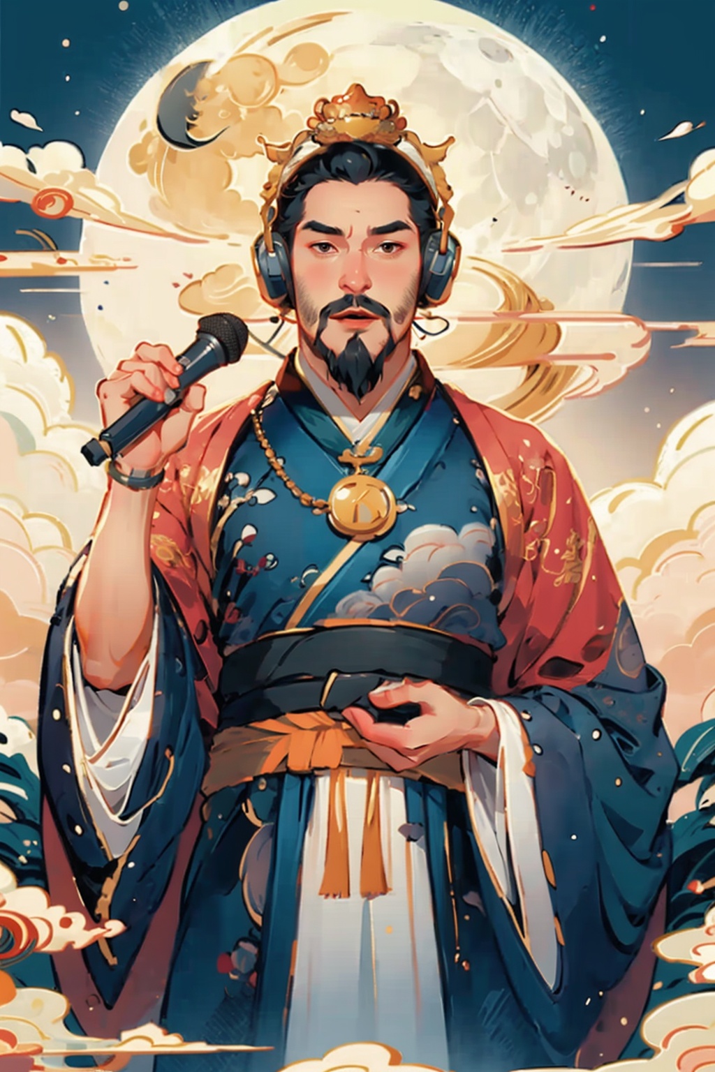 ((masterpiece)), best quality, perfect anatomy,8K wallpaper,mChinaChic, 1boy, facial hair, solo, chinese crown, black hair, male focus, mustache,open mouth, chinese clothes, gold pendant, looking at viewer, beard, moon, full moon, black smoke, blush, hanfu, chinese text mark, wide sleeves, headphones,holding a microphone,<lora:mChinaChic_v1:0.8>