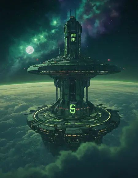 in space,  cyberpunk design industrial structure,  space station above clouds on Tensor.Art