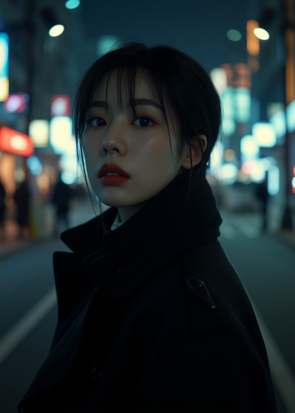 (photorealistic:1.28),A cinematic photography style image with a 2:3 ratio. An Asian woman,in her twenties,is donned in a black windcoat on a bustling metropolitan street at night. The atmosphere is perilous and taut. High-contrast shadows bestow a mysterious allure. Her expression is fraught with nervousness,and her short black hair is somewhat tousled. Her pale lips tremble slightly. The street lights cast elongated,ghostly shadows. The details are ultra-high,and the resolution is razor-sharp. The composition is a tunnel,highlighting the profound depth and narrow confinement of the street,collarbone,smile,