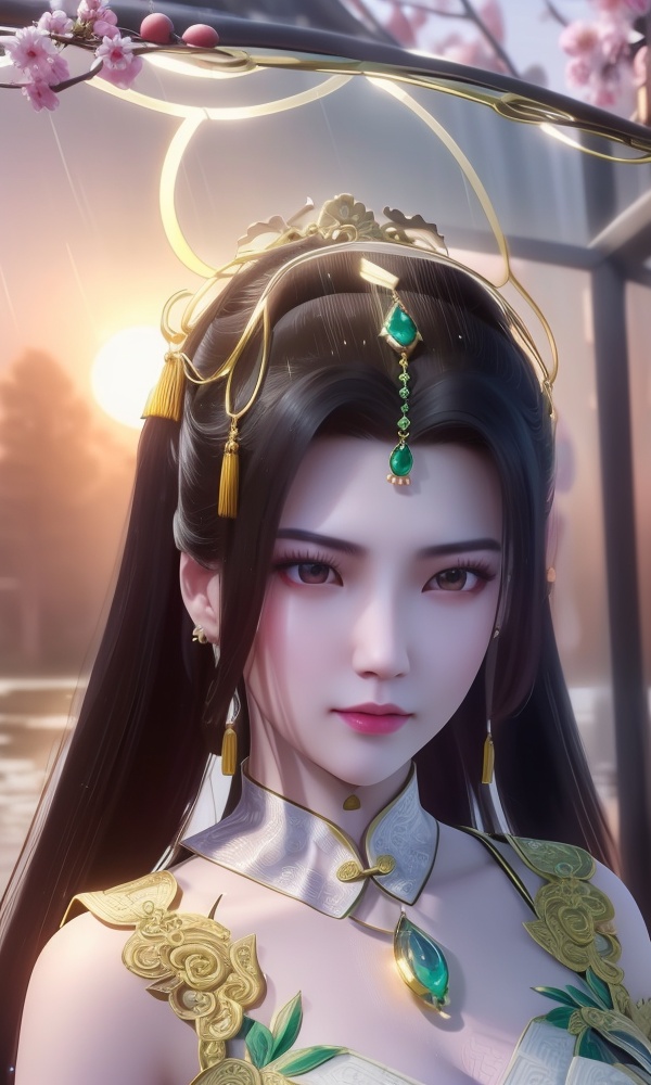 (,1girl, ,best quality, ),looking at viewer, <lora:404-DA-仙逆-凤栾:0.8> ,,ultra detailed 8k cg, ultra detailed background ,ultra realistic 8k cg, flawless,  tamari \(flawless\), professional artwork, famous artwork, cinematic lighting, cinematic bloom, (( , )),, dreamlike, unreal, science fiction,  luxury, jewelry, diamond, pearl, gem, sapphire, ruby, emerald, intricate detail, delicate pattern, charming, alluring, seductive, erotic, enchanting, hair ornament, necklace, earrings, bracelet, armlet,halo,masterpiece, (( , )),, realistic,science fiction,mole,   ,cherry blossoms,,(((Best quality, masterpiece, ultra high res, (photorealistic:1.4), raw photo, 1girl, ,rain, , sunlight, sunset, qianqiu wanxia,     )))  (()), (),