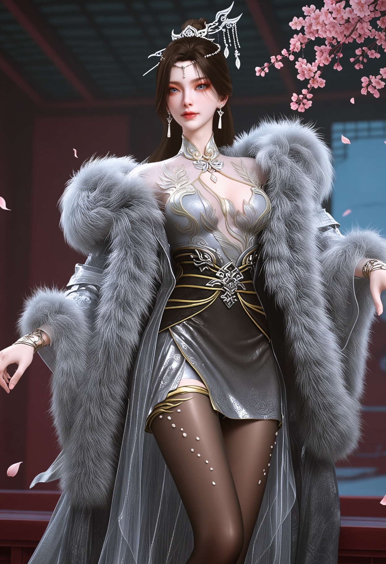 (upper_body:1.2),looking at viewer:1.1,masterpiece,(best quality),smog,Dark room,dim lighting,peach blossom,falling petals,<lora:YQ_Illustrious光辉v5_南宫仙儿_V1:0.8>,q1528437228,1girl,solo,jewelry,earrings,long hair,hair ornament,brown hair,dress,black hair,blue eyes,hair bun,bracelet,pantyhose,white dress,chinese clothes,fur coat,long sleeves,fur trim,black pantyhose,single hair bun,black footwear,high heels,shoes,coat,ponytail,short hair,brown pantyhose,grey eyes,hair stick,ring,