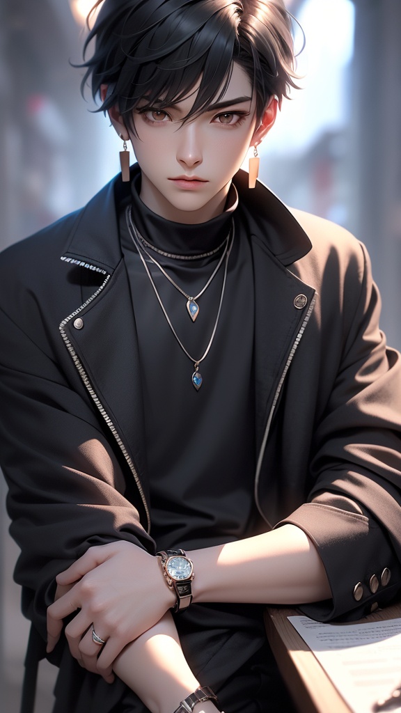 CG,jewelry,black hair,solo,necklace,looking at viewer,bracelet,earrings,short hair,blurry,blurry background,cup,male focus,upper body,brown eyes,jacket,1boy,shirt,lips,closed mouth,head rest,watch,black jacket,1girl,wristwatch,