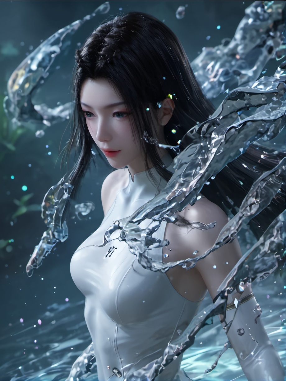 score_9,score_8_up,score_7_up,score_6_up,score_9,score_8_up,score_7_up,score_6_up source_anime,<lora:09元瑶pony:0.65>,her image is a digital art piece that appears to be a digital illustration of a woman in a body of water,The woman is in the center of the image,with her body partially submerged in the water,She is wearing a white bodysuit and her long dark hair is flowing behind her,The water is splashing around her,creating a sense of movement and energy,The background is dark and mysterious,with swirls and patterns that add to the overall mood of the scene,The overall color palette is predominantly blue and white,with hints of purple and green,The image has a dreamy and ethereal quality,with the woman's body and the water creating a surreal and dreamlike atmosphere.,