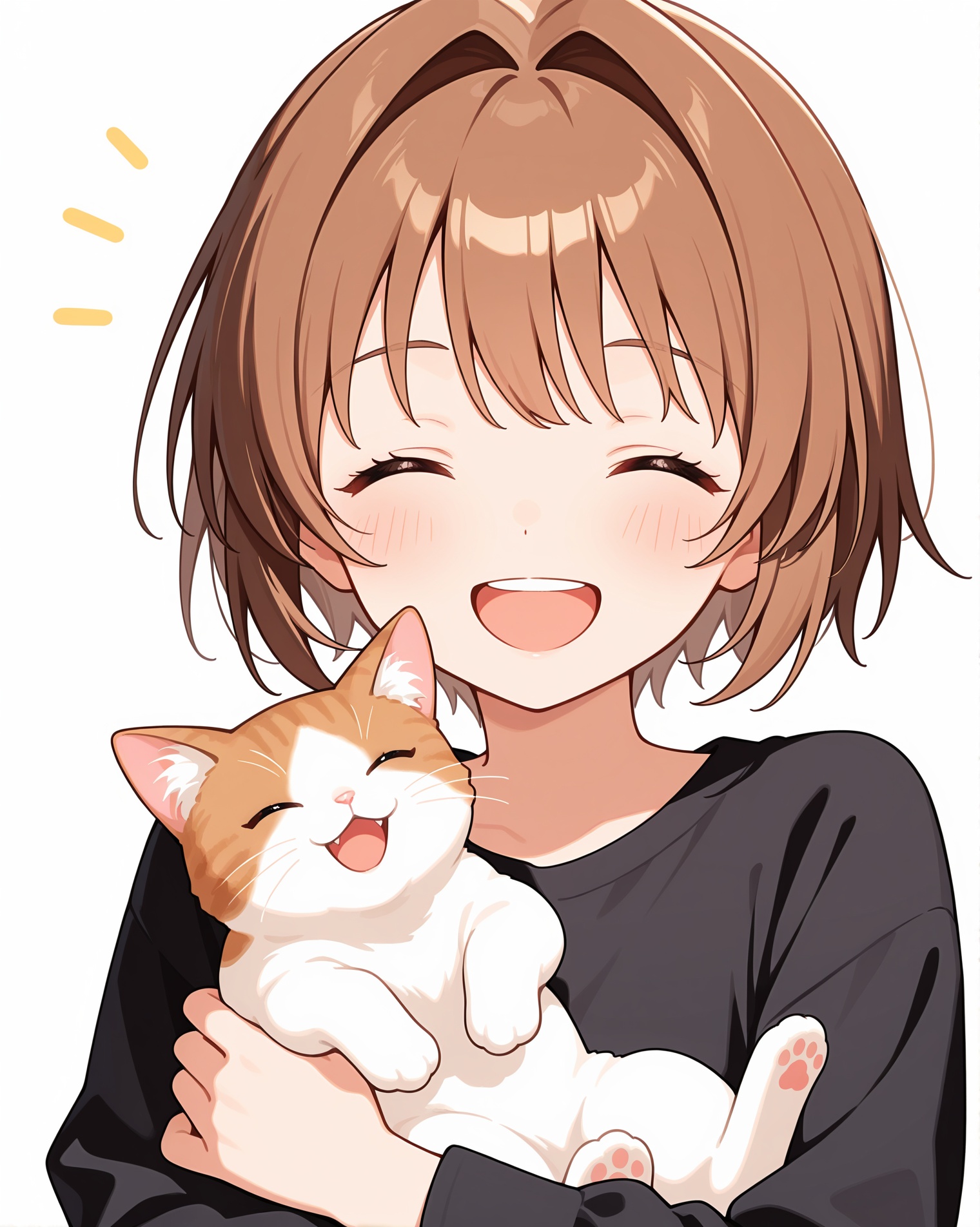 1girl,closed eyes,smile,holding animal,open mouth,blush,holding,solo,cat,white background,brown hair,upper body,animal,bangs,short hair,teeth,hair intakes,facing viewer,long sleeves,holding cat,upper teeth only,:d,simple background,black shirt,shirt,^_^,happy,