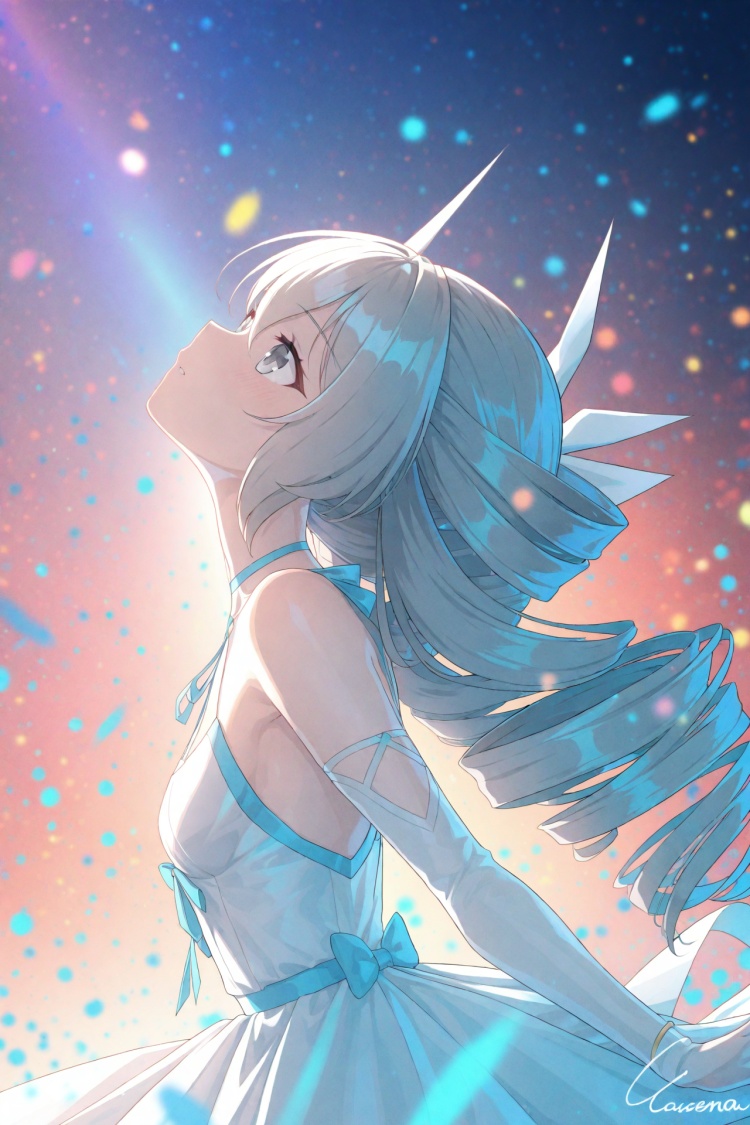 (masterpiece),(best quality),illustration,ultra detailed,hdr,Depth of field,(colorful),Artist caisena,1girl,solo,long hair,dress,white dress,grey hair,bronya zaychik,drill hair,detached sleeves,signature,looking up,bare shoulders,from side,grey eyes,
