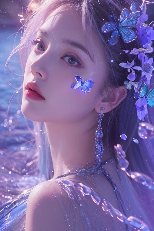 1girl,take a bath on the lake, the water is bright and sparkling, like colorful glass,(Many purple bubbles:1),(Half-length photo:1.8),(blue butterfly),exposed back,The posture of getting up from the lake,(fluorescent hair)