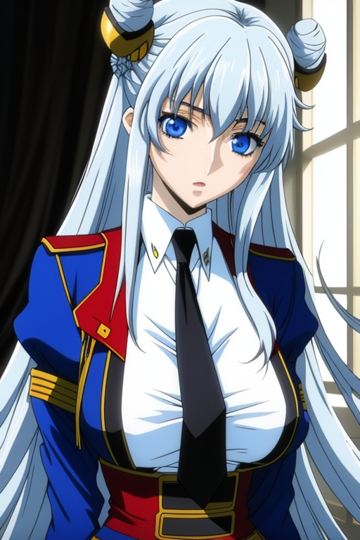 1girl,solo,blue eyes,long hair,necktie,uniform,black necktie,Huge breasts,ooking at viewer,hair ornament,very long hair,cosplay,<lora:LL_20240414234023-000002:0.8>,
