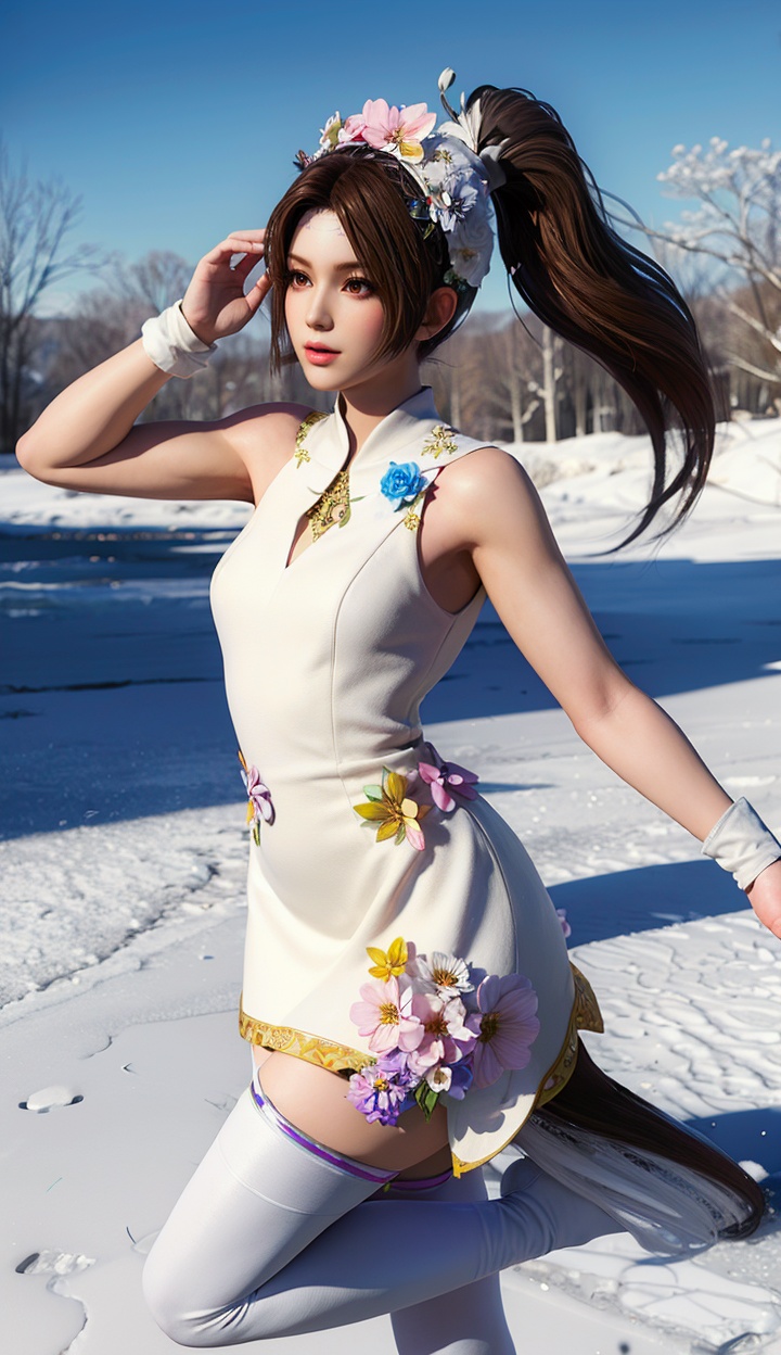 masterpiece,highres,1girl,solo,sfw,<lora:add_detail:0.3>,thighhighs,((beautiful Dress+stocking):1.25),((flower headdress:1.45)),((white theme:1.5)),snow,outdoors,snowflakes,sleeveless,(3D graphics),shiranui mai,brown eyes,high ponytail,<lora:shiranuimai-000007:0.7>,simple background,