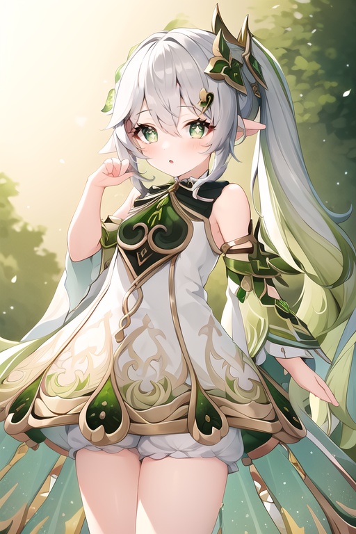 (masterpiece, best quality:1.2),insanely detailed,absurdres,ultra-highres,ultra-detailed,best quality,slender,kawaii,perfect symmetrical face,ultra cute girl,ultra cute face,ultra detailed eyes,ultra cute,ultra beautifu,toeless legwear,nahida \(genshin impact\),+_+,1girl,solo,loli,white dress,bare shoulders,side ponytail,hair ornament,jewelry,bracelet,detached sleeves,sleeveless dress,bloomers,bare legs,toeless legwear,short socks,symbol-shaped pupils,neck ruff,<lora:nahida-000008:1>,adjusting hair,outdoors,standing,