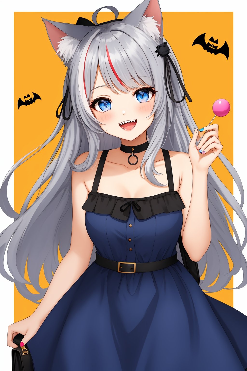 1girl,  solo,  long hair,  looking at viewer,  blush,  smile,  open mouth,  bangs,  blue eyes,  hair ornament,  dress,  animal ears,  bare shoulders,  blue hair,  collarbone,  grey hair,  multicolored hair,  food,  teeth,  sleeveless,  virtual youtuber,  cat ears,  signature,  bag,  nail polish,  black dress,  streaked hair,  animal ear fluff,  sleeveless dress,  blue dress,  eyepatch,  sharp teeth,  candy,  halloween,  halloween bucket,  gawr gura,