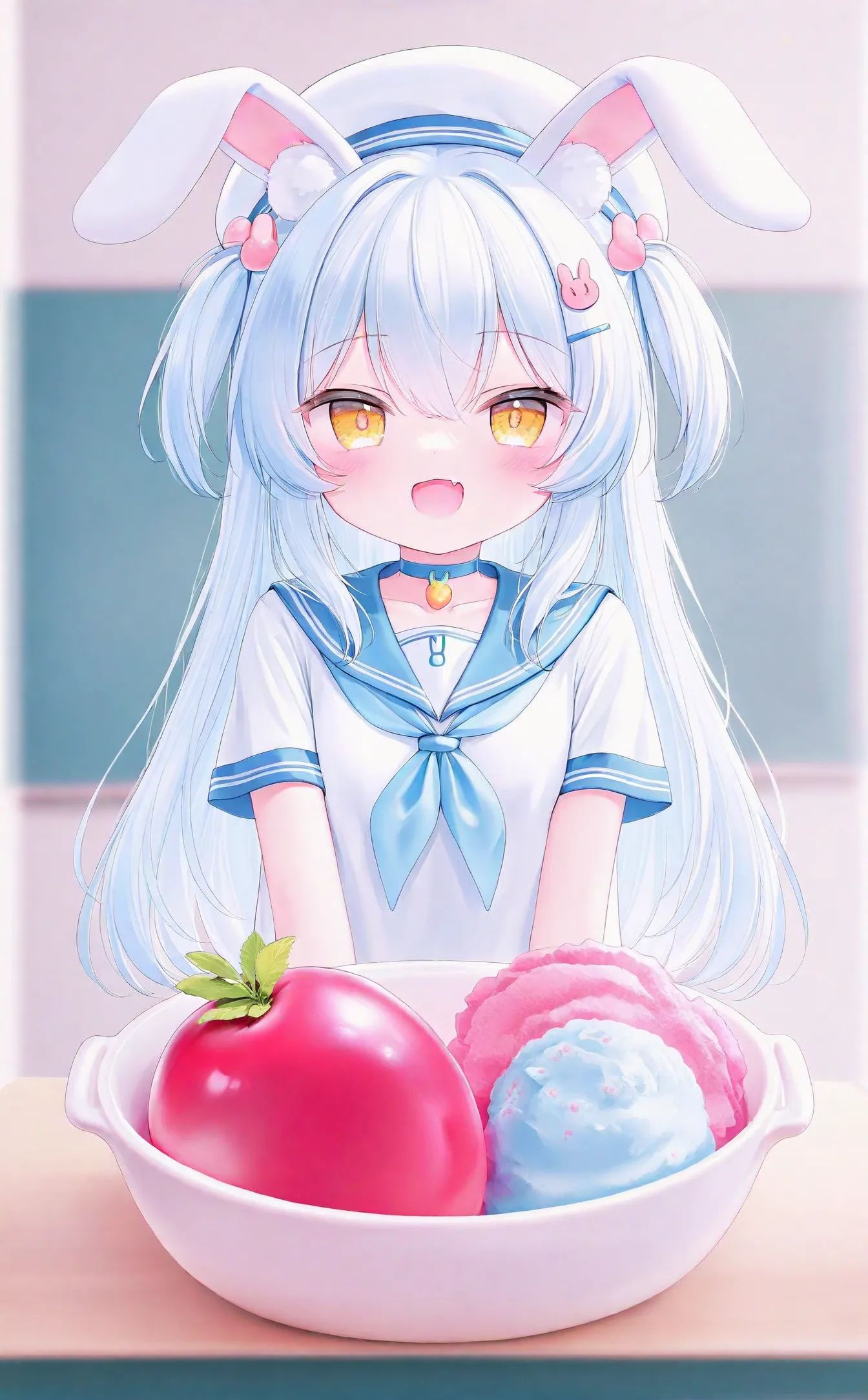dim1_dim1-1e5ea48c,loli,loli,loli,loli,loli,loli,loli,loli,twintails,<lora:20250413locpr:0.5>, loradim1_loradim1-156065dd, 1girl, animal_ears, food, rabbit_ears, solo, fang, yellow_eyes, blue_hair, hair_ornament, white_hair, open_mouth, long_hair, fruit, pillarboxed, sailor_collar, blue_collar, blue_choker, looking_at_viewer, smile, hat, rabbit_girl, school_uniform, serafuku, two_side_up, collar