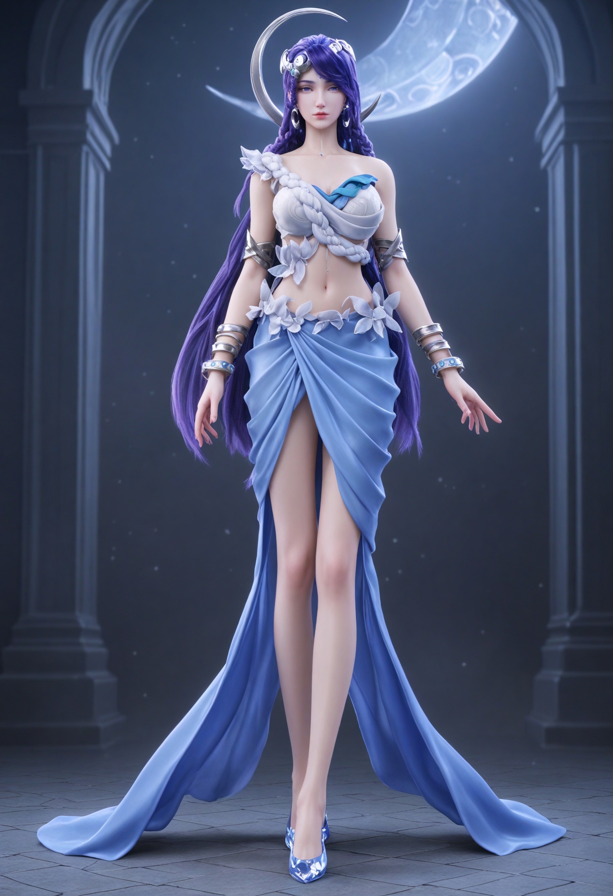 (full_body:1.1),(gigantic breasts:0.6),(slender:1.3),(looking_at_viewer:1.1),(masterpiece:1.1),(best quality:1.2),(intricate details),(smog:1.3),(Dark room:1.3),(dim lighting:1.3),<lora:YQ_Illustrious光辉v5_海月_V1:0.8>,q1528437228,solo,1girl,long_hair,purple_hair,jewelry,hair_ornament,earrings,blue_eyes,dress,blue_hair,braid,bracelet,crescent,bare_shoulders,midriff,very_long_hair,white_dress,skirt,crescent_hair_ornament,armor,purple_eyes,shoes,high_heels,realistic,blue_footwear,armlet,night,crescent_earrings,facial_mark,barefoot,hair_rings,long_skirt,white_pantyhose,blue_dress,masterpiece,(best quality),(intricate details:0.9) BREAK (intricate details:0.9),(realistic skin:1.2),masterpiece,best quality,newest,absurdres,hiahres,