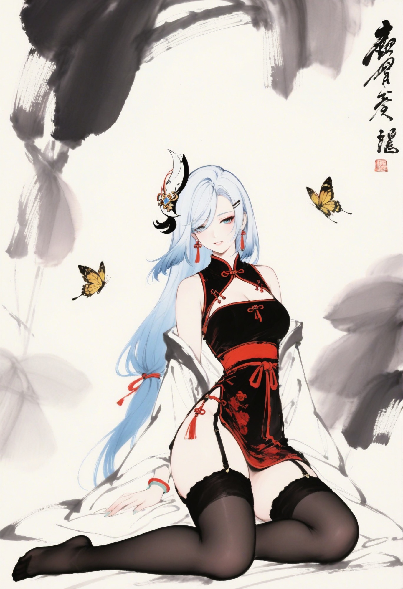 xieyi,masterpiece,best quality,amazing quality,very aesthetic,sharp focus,high-end texture,(very awa,year 2024,newest,highres,absurdres),shenhe_(genshin_impact),white_hair,1girl,solo,long hair,narrow waist,long eyelashes,earring,smile,looking at viewer,dress,seductive smile,parted lips,jewelry,hair clip,bracelet,hair ornament,flower,***,butterfly,ace-trim,garter straps,full body,dynamic pose,off shoulder,thighhighs,long_sleeves,chinese_clothes,white hanfu,plantain leaf,
