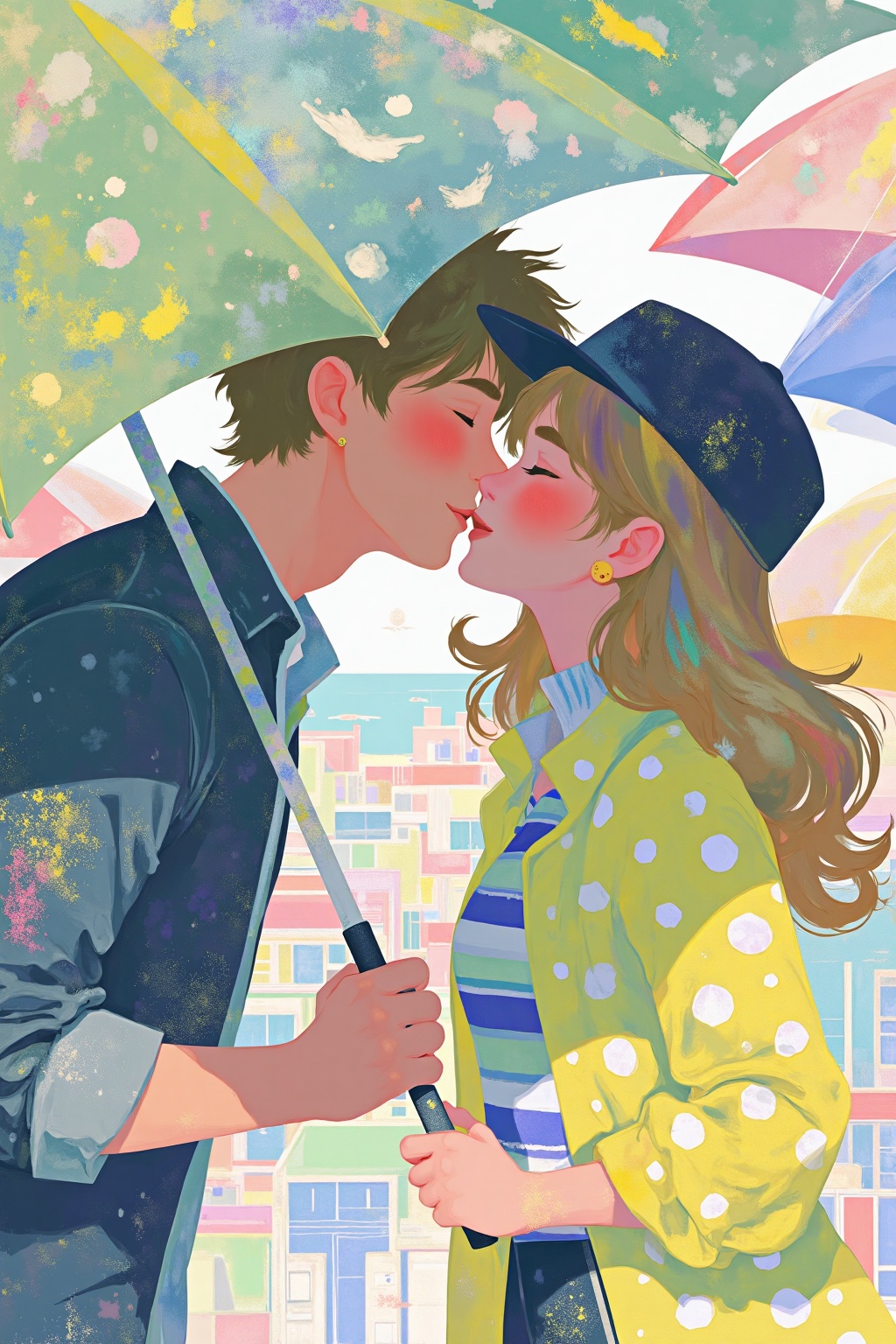 beijihui,Captured from an eye-level perspective, a digital painting of a man and woman kissing each other. The man is wearing a black hat, while the woman is dressed in a yellow shirt with blue stripes and white polka dots. The woman is holding a banana in her right hand, and the man's left hand is holding an object in his left hand. The background is a mix of green, yellow, pink, and blue, with buildings in the background.
