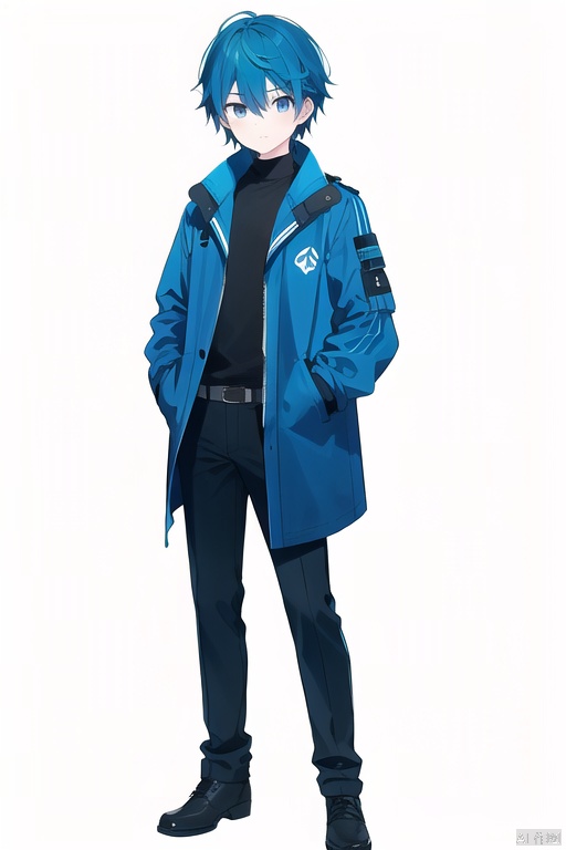 solo,  looking at viewer,  simple background,  brown hair,  1boy,  white background,  standing,  male focus,  pants,  blue hair,  coat,  black pants,  hands in pockets,  masterpiece,  (masterpiece)