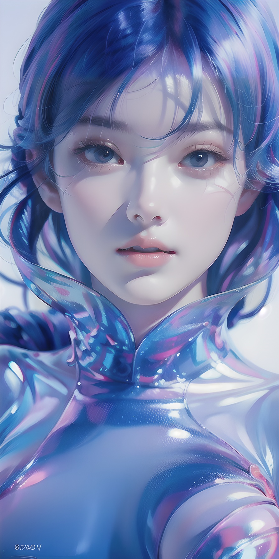 1girl, solo, blue eyes, hair over one eye, smile, looking at viewer, upper body,(holo hair), (purple|blue hair),breasts, lips, bangs, nose, closed mouth, medium breasts, realistic, simple background,(realistic:1.5),masterpiece, Extremely detailed CG unity 8k wallpaper, best quality, highres:1.2),(ultra_detailed, UHD:1.2),(pixiv:1.3),perfect illumination,distinct,unreal engine,sidelighting,perfect face,detailed face,beautiful eyes,pretty face,(bright skin:1.3),idol,ulzzang-6500-v1.1,soft smile,(simple background),(depth of field),(ringed eyes:1.4), (holo,holographic hair,holographic body),water, holo water,  <lora:holo_20230701001227:0.6>, <lora:meinv123:0.9>, <lora:磨砂玻璃几何（微软风）:1.0>, 