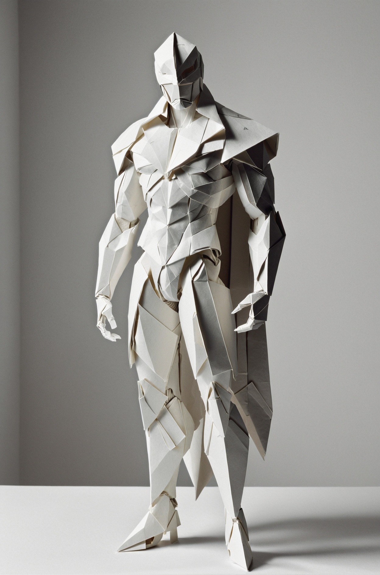 film grain texture,  analog photography aesthetic,  A monochromatic origami model of a humanoid figure on Tensor.Art