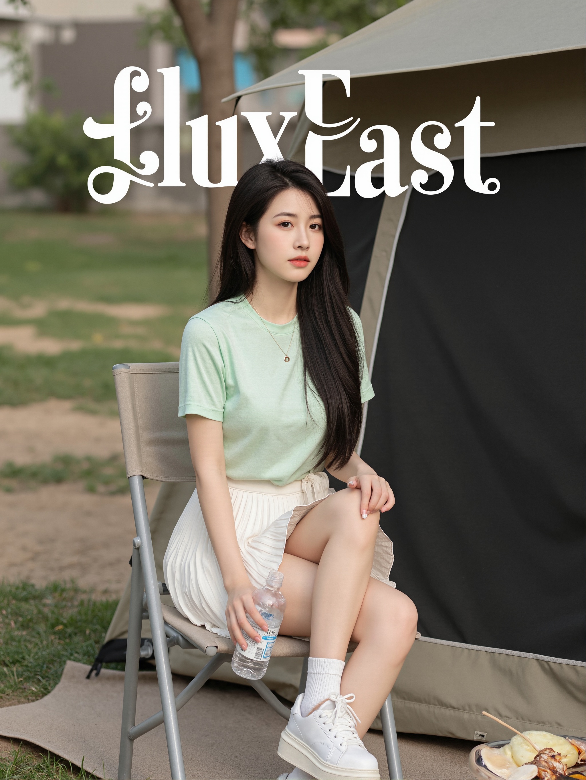 This is a clear,everyday style photo with a high degree of clarity. In the photo,we see a young woman sitting on a chair next to an outdoor tent. She is wearing a light green short-sleeved T-shirt and a white pleated skirt,with white sports shoes on her feet. Her hair is black,flowing over her shoulders,and it looks smooth and shiny. In her hand,she holds a bottle of mineral water,perhaps taking a break or enjoying outdoor time. Under her feet,we can see some grilled food,which may be prepared for a picnic. The entire scene gives a relaxed and pleasant feeling.,There is a prominent artistic font above the picture,which reads' fluxEast 'in English,