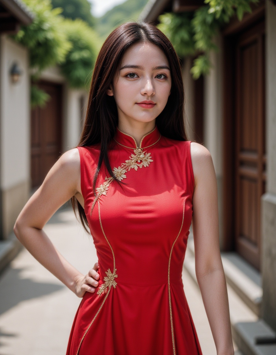 (photorealistic:1.4), (Realisticity:1.4), 1girl, teenage, (waist up:1.2), smirk, thin, slim, (red cheongsam), outdoors,