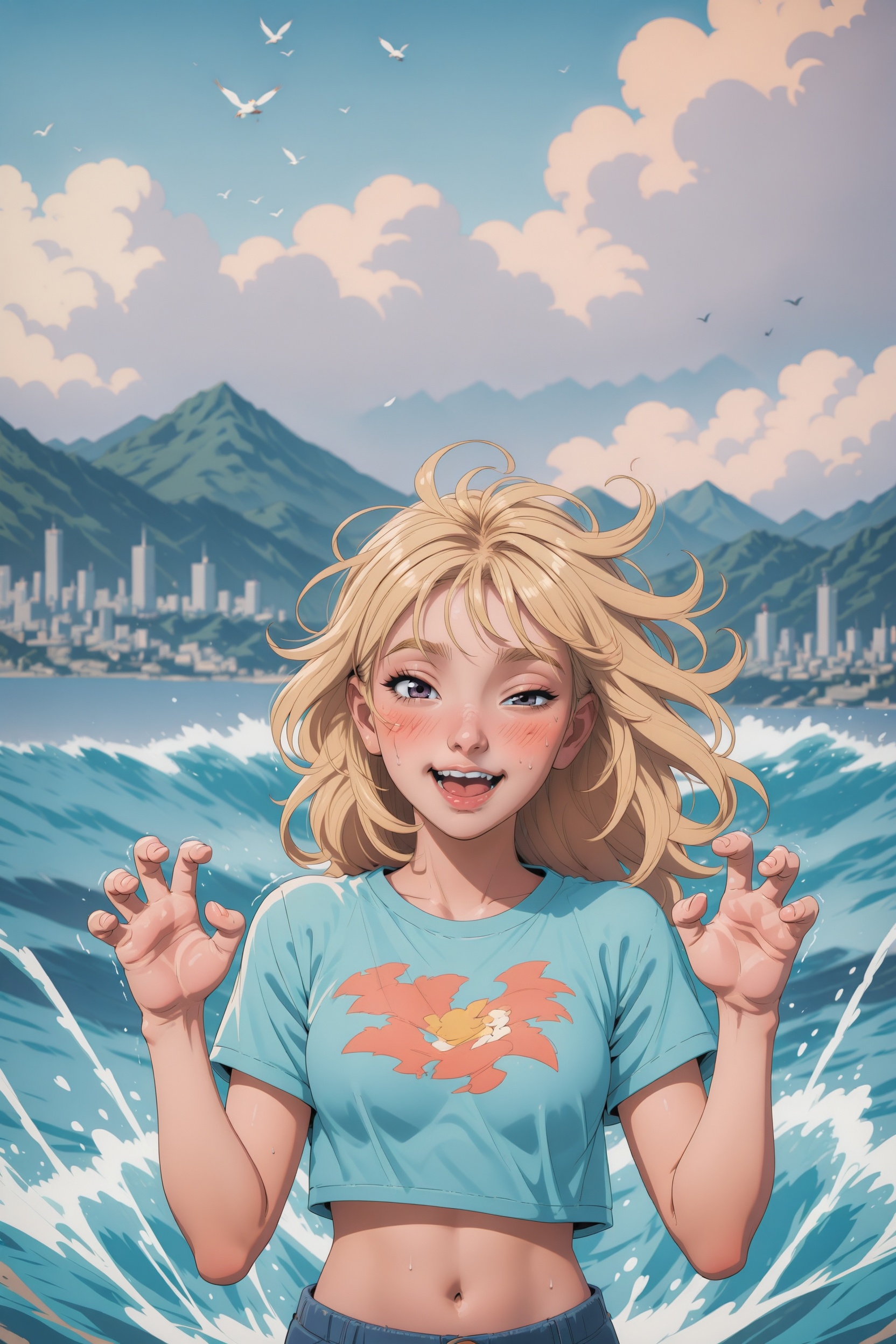 .,.,.,.,messy,messy hair,messy clothing,twitching,trembling,happy,blush,cloud,splashing,ocean,waves,crop top,shorts,upper body,blonde hair,wind,half-closed eye,claw pose,mountain,bird,skyline,